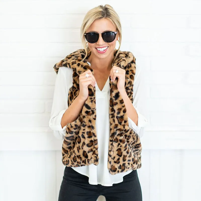 Women s Leopard Faux Fur Vest Champagne Warm Winter Gilet Jacket Coat Outwear Cardigan