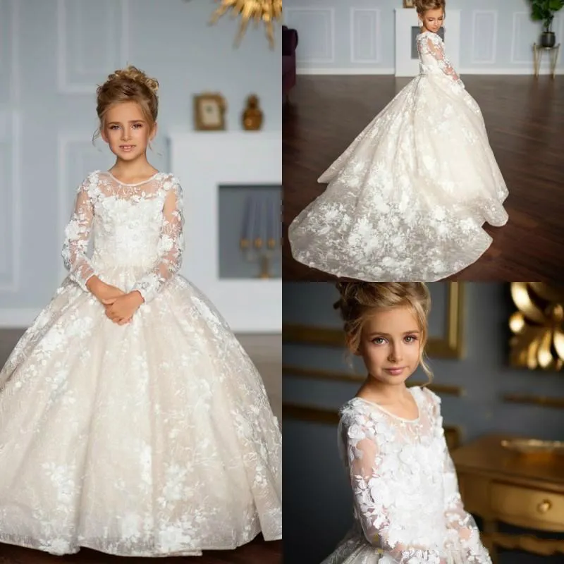 Princess Flowers Girls Dresses Lace Appliques Long Sleeve Kids Teens Pageant Gowns Ball Gown Birthday Party Dress For Wedding Party