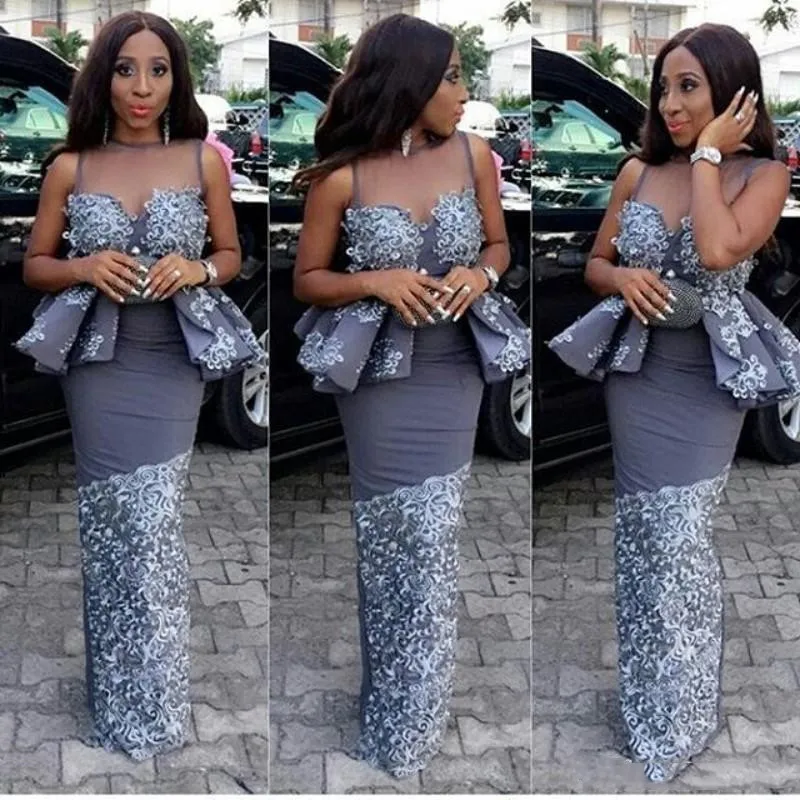 Aso Ebi Sheath Długi Suknie Wieczorowe Nigerii Style 2021 Sheer Jewel Neck Arabski Elegancki Peplum Ruched Party Party Suknie Aplikacje Koronkowa Sukienka