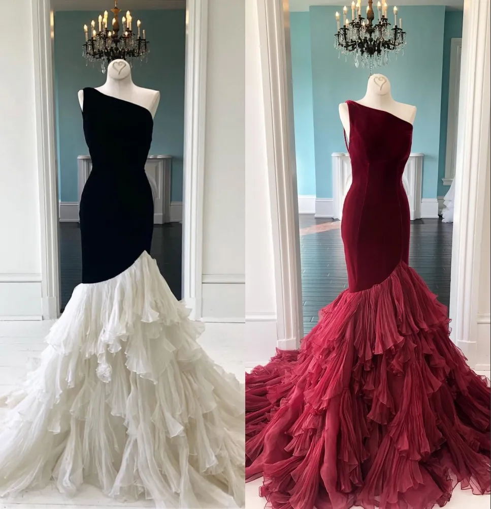 Mermaid Prom Dress 2020 One Shoulder Burgundy Black/White Trumpet Pageant Gowns for Lady Pleated Ruffled Skirt Velvet 2k20 Formal Event