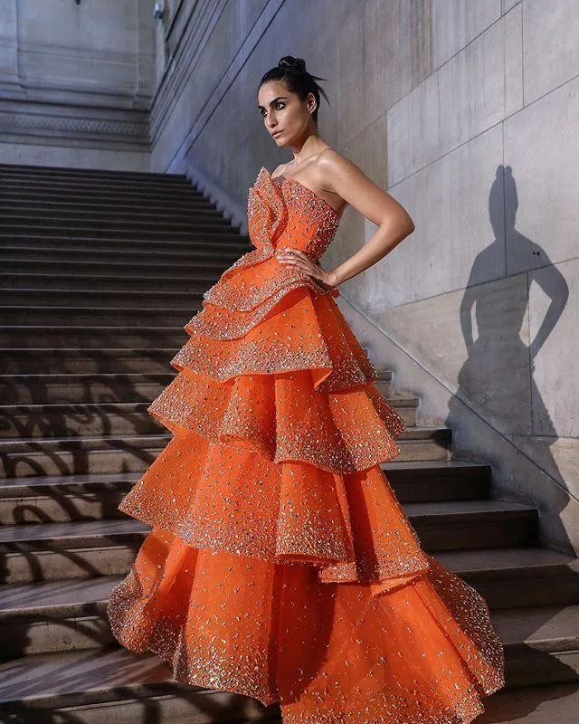 Luxuriöse orangefarbene Ballkleider mit großen Perlen, Pailletten, Kristallen, abgestuftes Promi-Abendkleid, bodenlange Festzug-Kleider für Mädchen