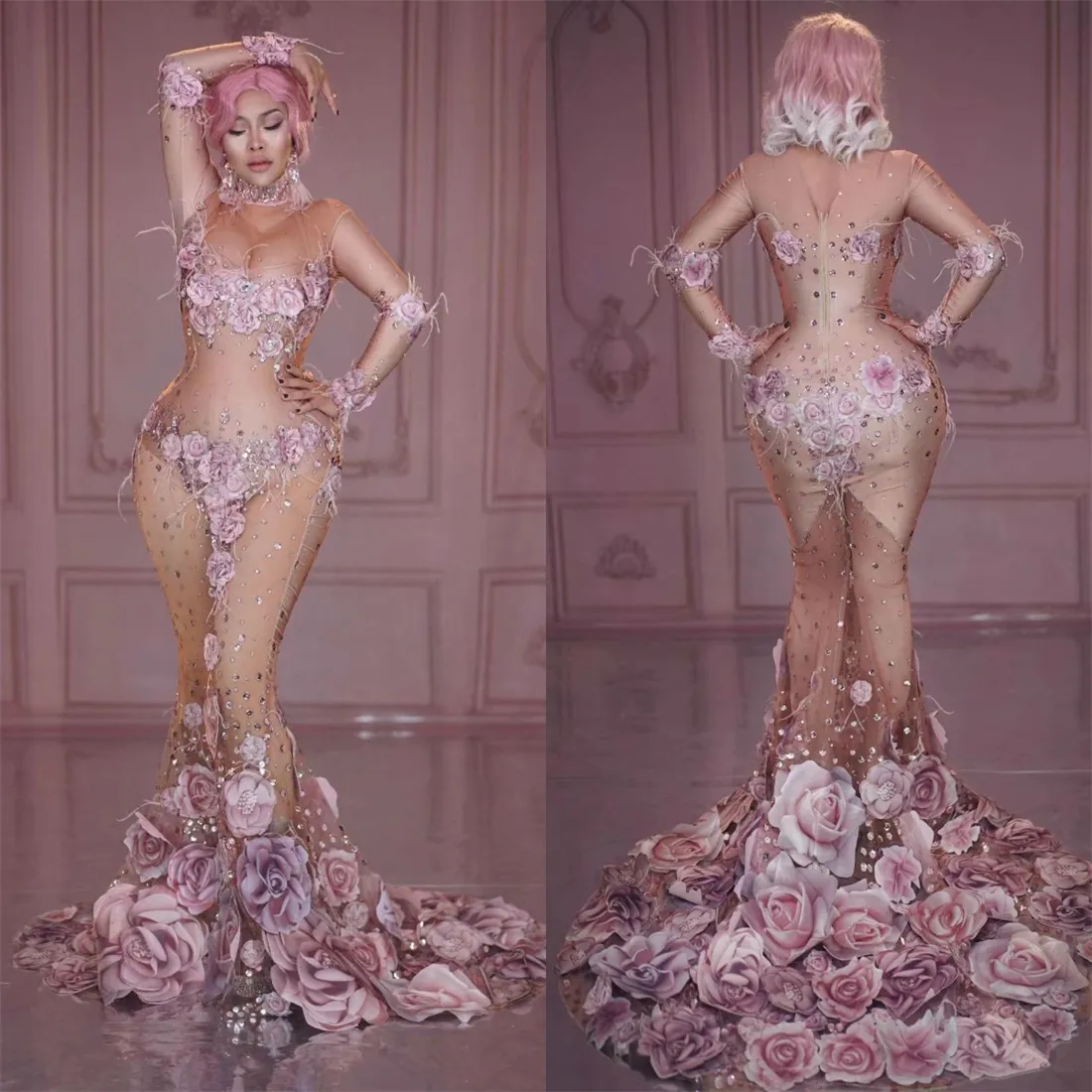 Fiori rosa trasparenti abiti da ballo a maniche lunghe 2020 abiti da festa per celebrità con sirena in rilievo Abito da sera formale in costume da spettacolo per cantanti
