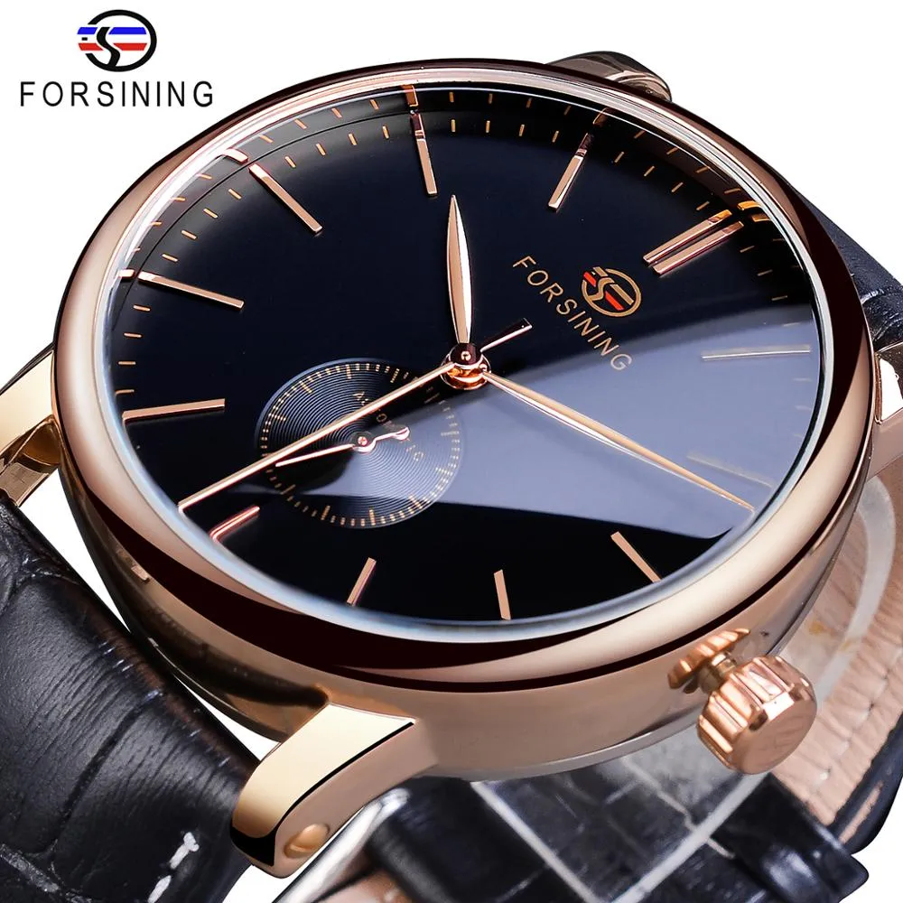 Forsining Proste mężczyzn mechaniczny zegarek automatyczny Wybór czarny ultra-cienki analogowy oryginalny skórzany opasek na rękę horloge mannen