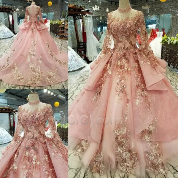 2020 Pink Quinceanera Dresses Embroidery Ballgown Long Sleeves High Neck 3D Floral Lace Applique Chapel Train Organza Sweet 16 Pro2717