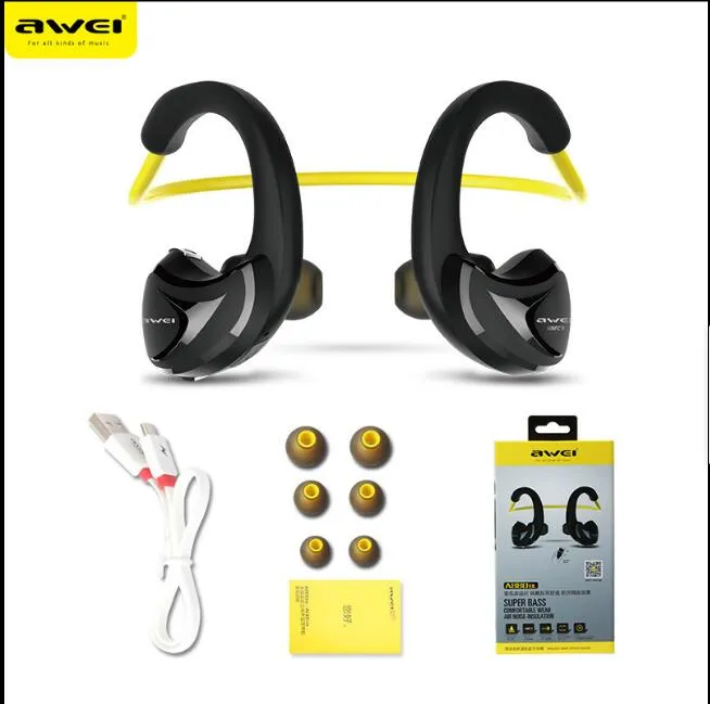 Original Awei A880BL Bluetooth hörlurar SPORT V4.0 Sweatproof Wireless Earbuds Neckband Örhook med MIC NFC Sport stereohuvud