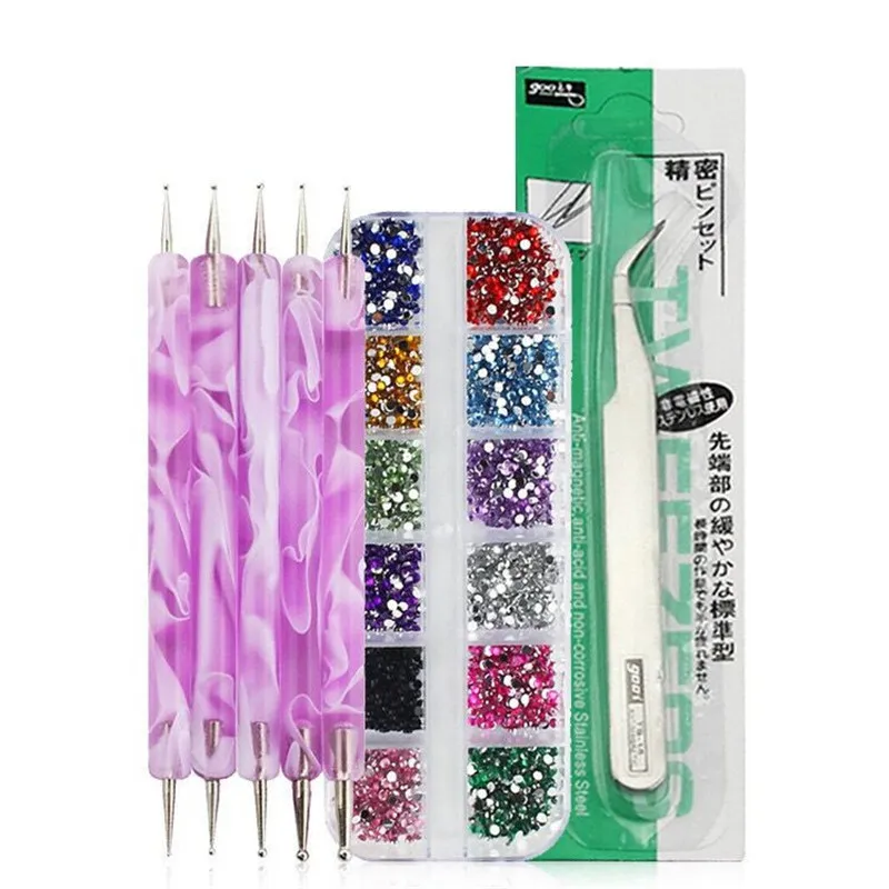 Nail Art Manicure Tools Kit 3 st / set 12Colors Nail Rhinestones Nails Dotting Pen med pincett för nagelkonstdekorationer