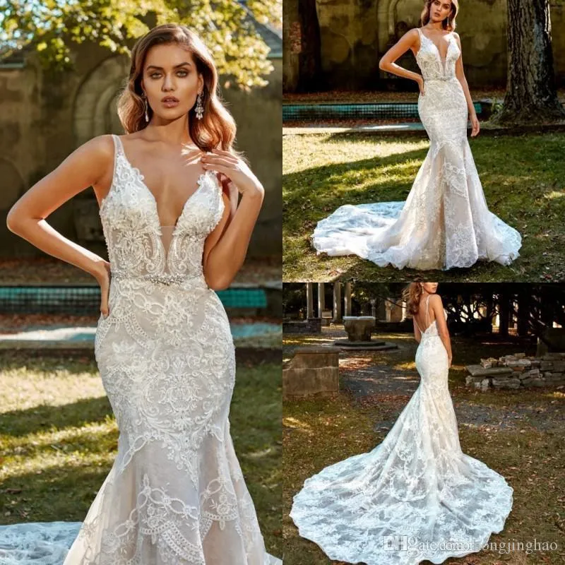 Eve Of Milady Sexy Lace Mermaid Wedding Dresses V Neck Beaded Backless Plus Size Wedding Dress Bridal Gowns Vestidos De Noiva Custom Made