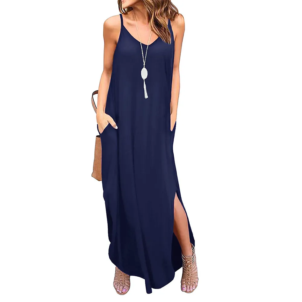 Women Long Dress Female Summer V Neck Spaghetti Strap Pockets