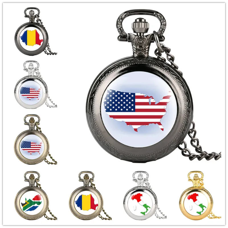 Bronz/Siyah/Gümüş/Altın Saatler Romanya/Macaristan/İtalya/Amerika Birleşik Devletleri/Güney Afrika Ülke Bayrak Tasarımı Unisex Quartz Cep Saat Hatıra Zinciri