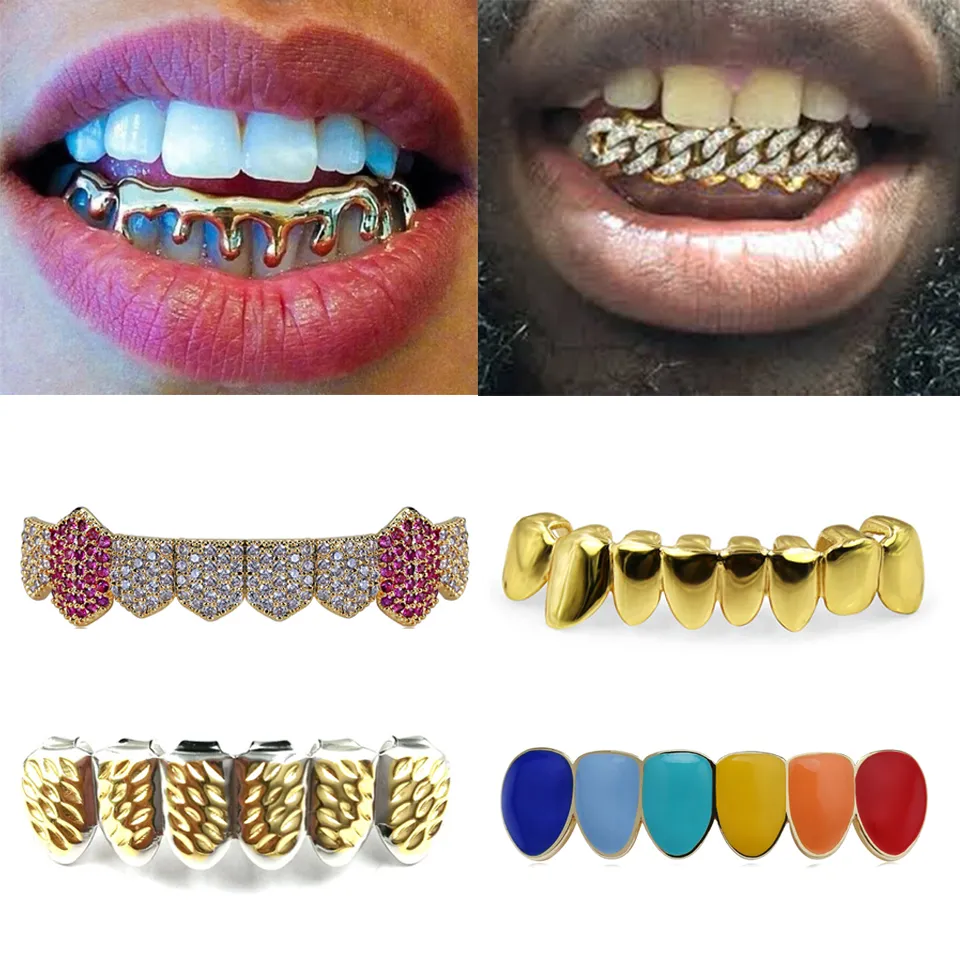 18K Gold Teeth Braces Punk Hip Hop Multicolor Diamond Custom Bottom Teeth Grillz Dental Mouth Fang Grills Tooth Cap Vampire Rapper Jewelry