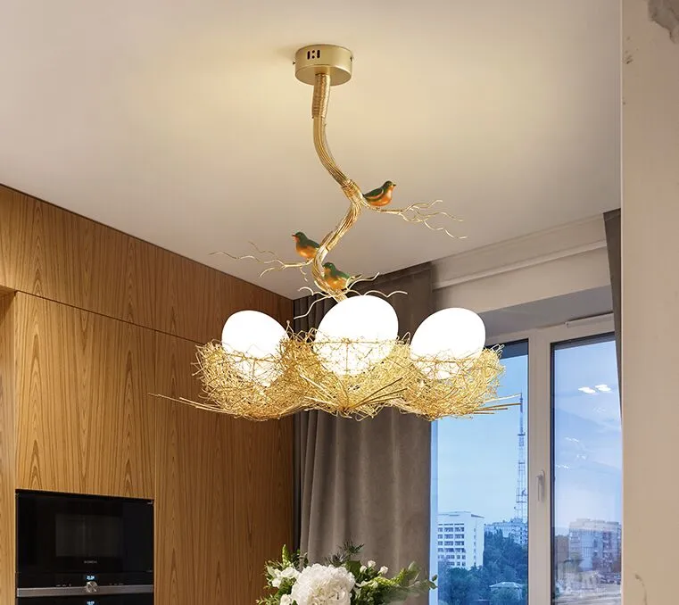 Post Modern Handwork ouro pássaro Aço Alumínio Nest Pendant Lâmpada Luz Nordic prata Alu fio branco de vidro Ovo de suspensão Luz MYY