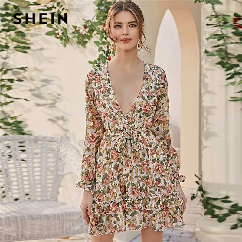 Shein profunda V Neck Floral Imprimir Boho Vestido com cinto Mulheres  Spring Flounce Sleeve cintura alta em camadas Camada Hem Folho vestidos  curtos