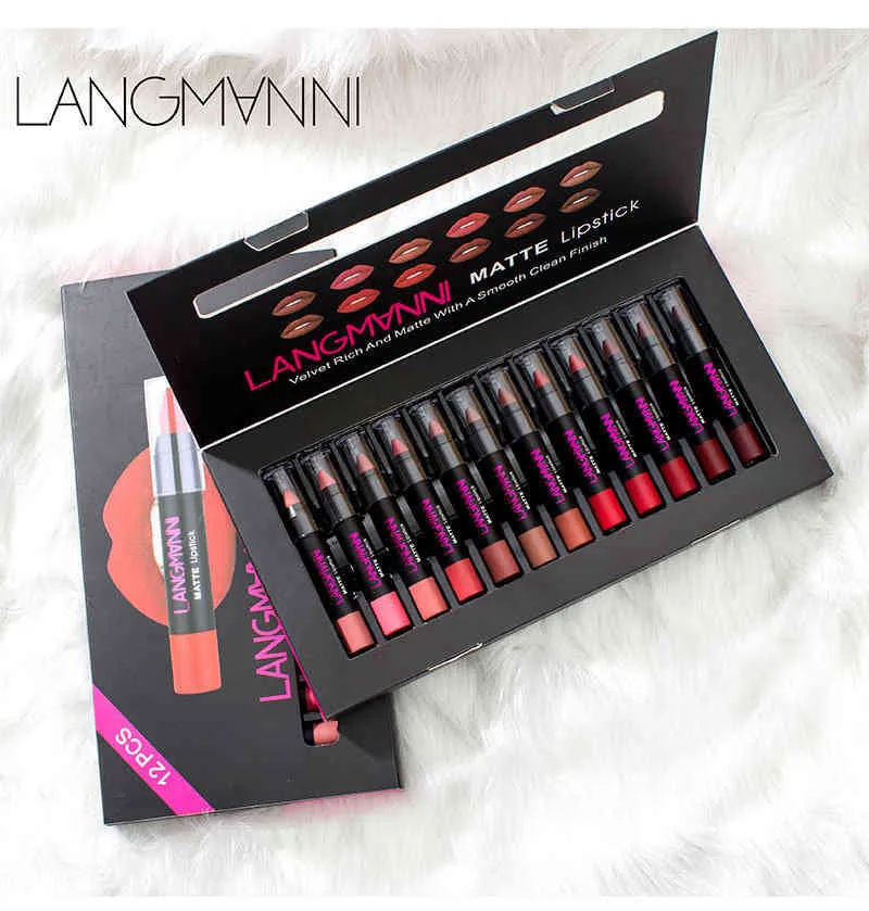 LANGMANNI 12 Farben Samt-Matte Lippenstift Set – Hochpigmentiert, Mit Schrägspitze, In Geschenkbox