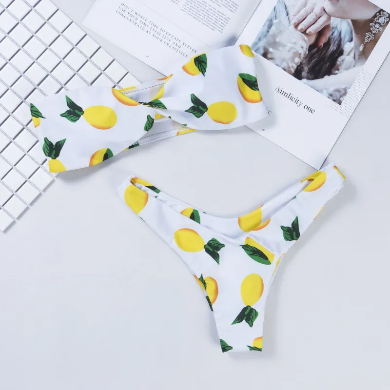 Citron Print Twist Bandeau Bikini Ensemble Maillot de bain Maillot de bain Bretelles High High Leg Thong Bikini Push Up Bikini Femmes Maillots de bain