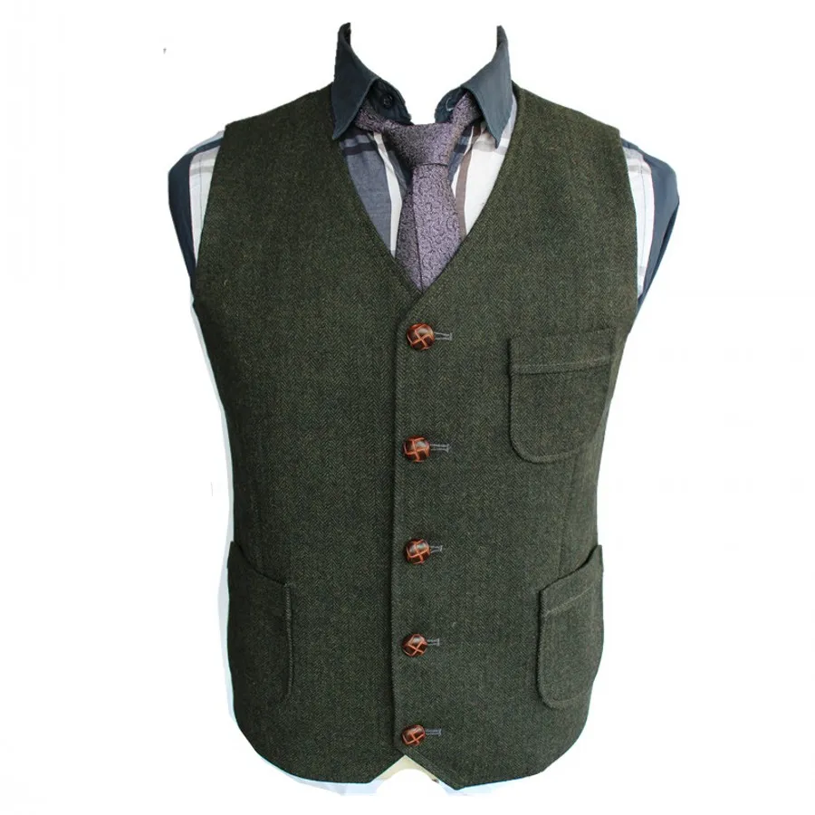 2019 Gilets de marié vert foncé Pays de mariage Laine Tweed à chevrons Gilet Slim Fit Costume pour hommes Gilet Robe Manteau Robe Gilet F296y