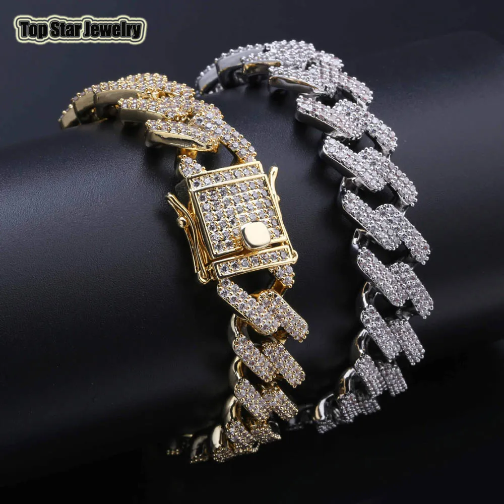 7 "/ 8" 14mm Mężczyźni Kobiety Hiphop Miami Cuban Link Bransoletki Łańcuchowe Casting W pełni Mikro Cubic Cyrkon Wypięcie Iced Out Out Bling DJ Rapper Biżuteria