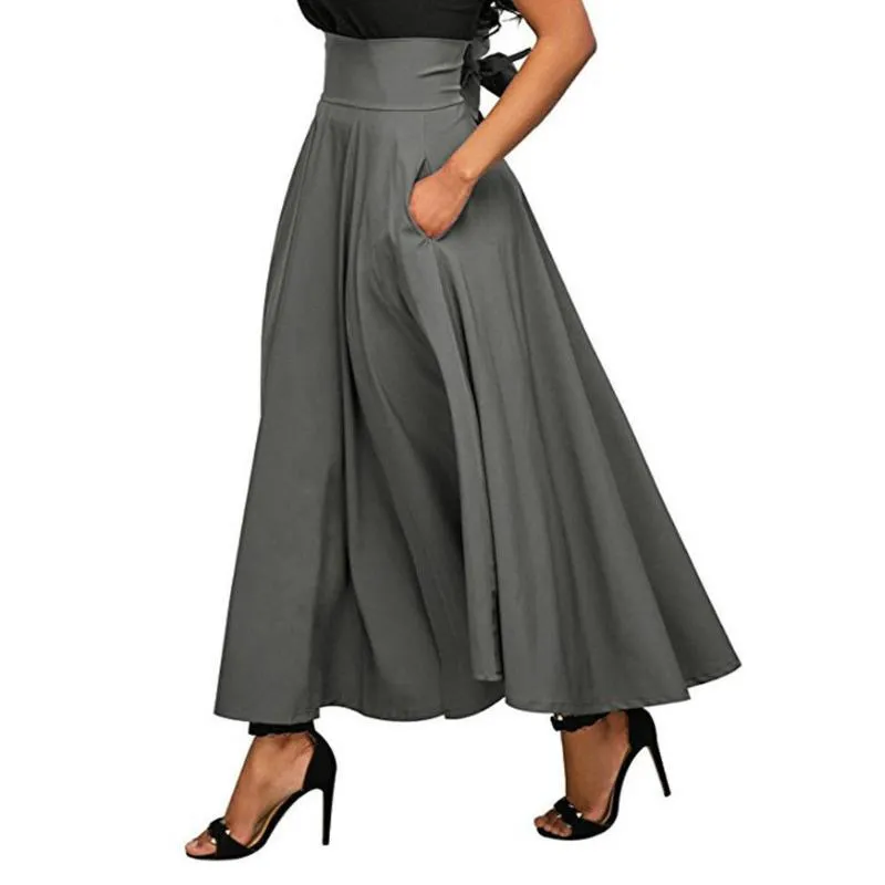 Faldas de tendencia de verano 2020 con bolsillo, falda larga Vintage lisa hasta el tobillo de alta calidad para mujer, falda larga negra, gris, vino y rojo