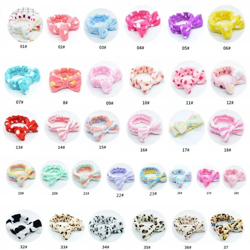 Fleece Bow Headbands For Women Girls Wash Face Makeup Bath Solid Striped Polka Dots Hairband Turban Hair Accessories