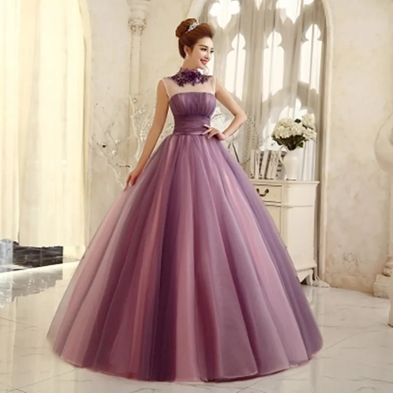 2018 Violet Princesse Col Haut Broderie Fleur Robe De Bal Robes De Quinceanera Paillettes Douce 16 Robes Débutante 15 Ans Robe De Soirée BQ99