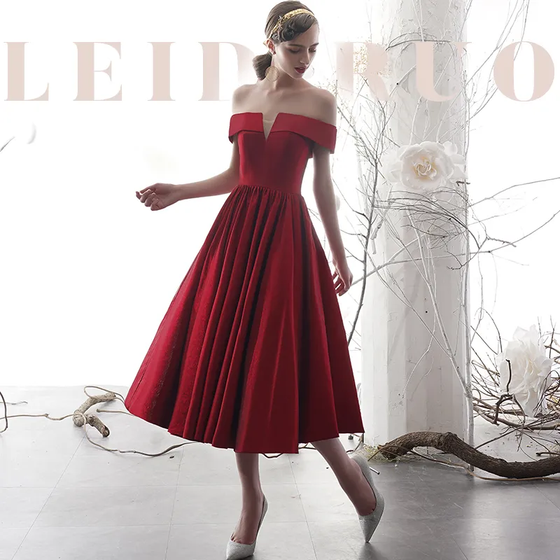 Red Satin Tea-Length Vintage Wedding Dress with Lace-Up Back and  Off-Shoulder Neckline from Dhgate A-Line Wedding Dresses - price 65.19