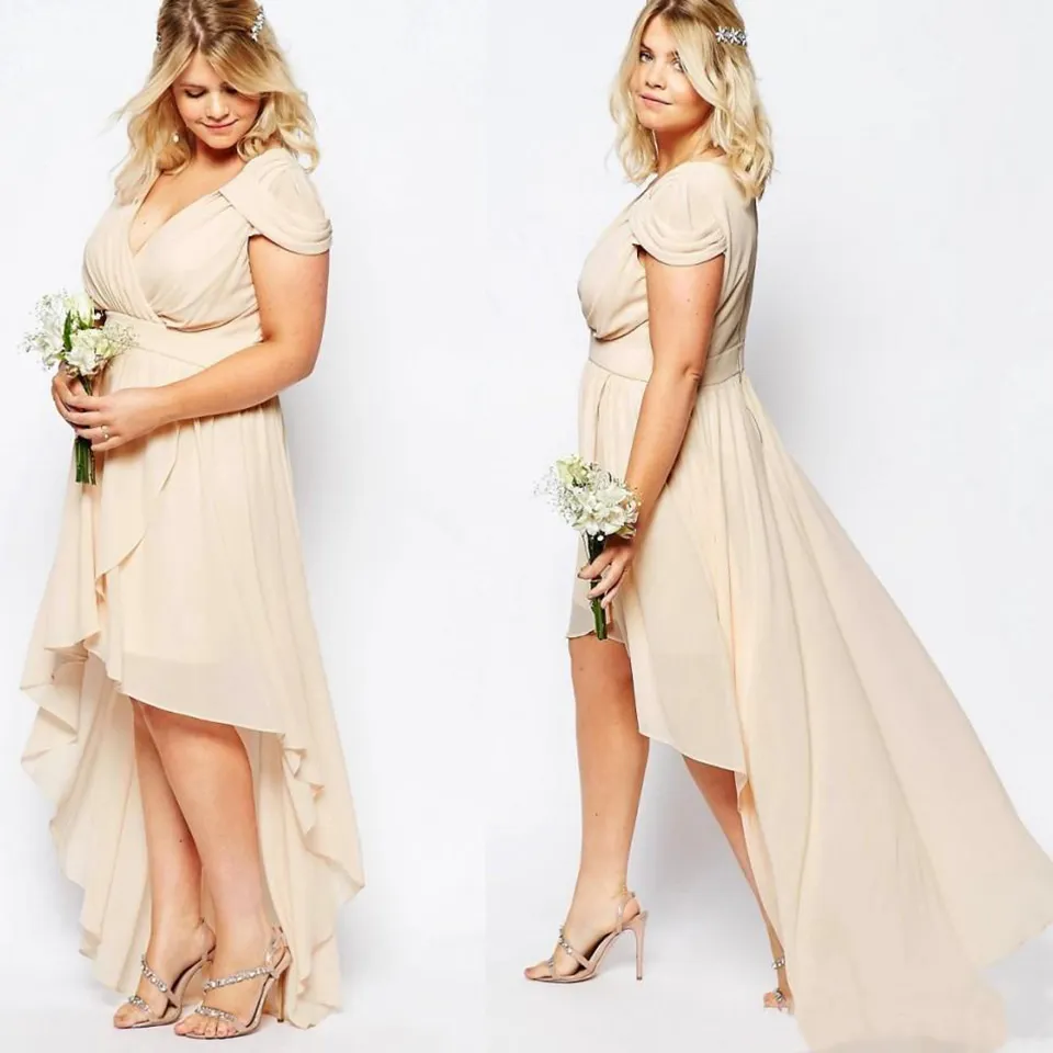Champagne Nude Chiffon High Low Country Bridesmaid Dresses Plus Size V-neck Short Sleeve Junior Maid of Honor Guest Dress SD3379