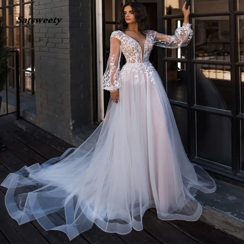 Boho Gelinlik Puf Uzun Kollu A-Line Aplikler Kat Uzunluk Gelin Elbiseler Custom Made Prenses Kıyafeti