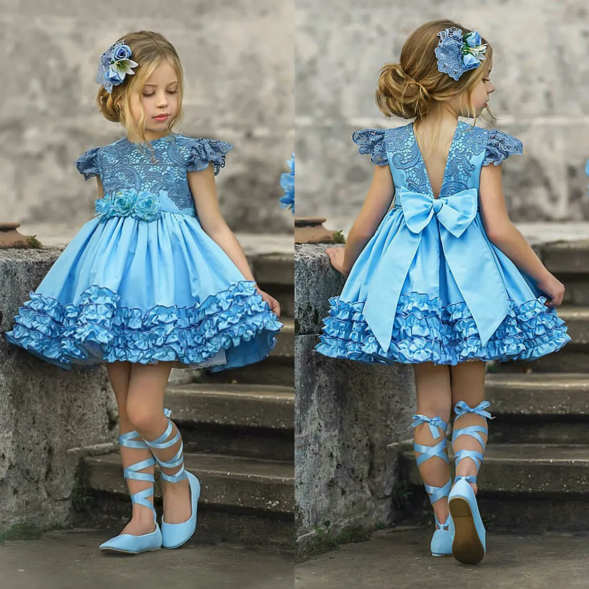 Blue Jewel Sleeveless Flower Girl Ball Gown Dress with Appliques