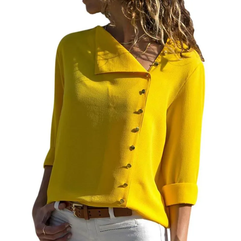 Mode d'été bouton à manches longues jaune chemise blanche femmes hauts et chemisiers femme tunique bureau Chemise Rk