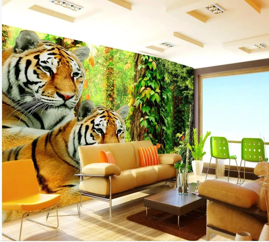 Parede Tigre Selva Floresta Mural 3d Papel De Parede Papéis De