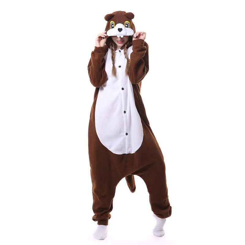 Brown Squirrel Onesie Kigurumi Polar Fleece Women Adult Animal Pajama Jumpsuit Loose Cute Festival Fantasias Cartoon Onepiece