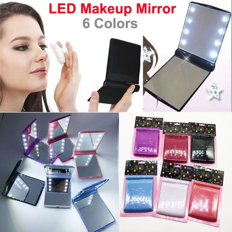 Specchio per trucco a LED Lady Specchio cosmetico pieghevole portatile Specchio da viaggio per trucco Specchi tascabili con 8 luci a LED per donne e ragazze