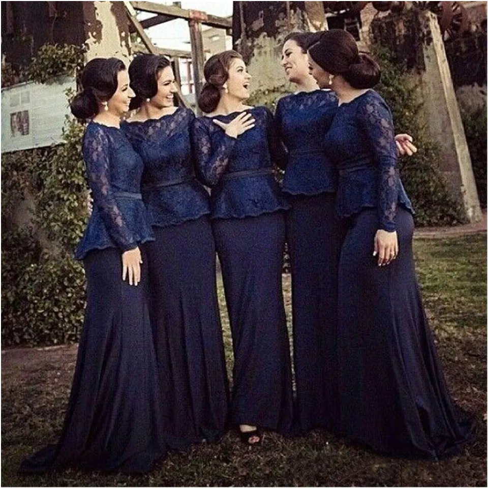 Navy Blue Lace Mermaid bridesmaid dress with Sheer Long Sleeves - Plus Size Formal Evening Gown for Wedding Party Navy Blue Lace Mermaid bridesmaid dress with Sheer Long Sleeves - Plus Size Formal Evening Gown for Wedding Party