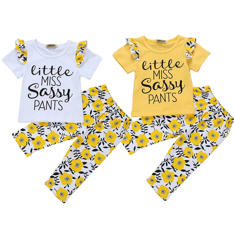 Girls Baby Kids Clothes Suit Children T-Shirt +Pants roupas infantil meninas little miss Letter Florial Print