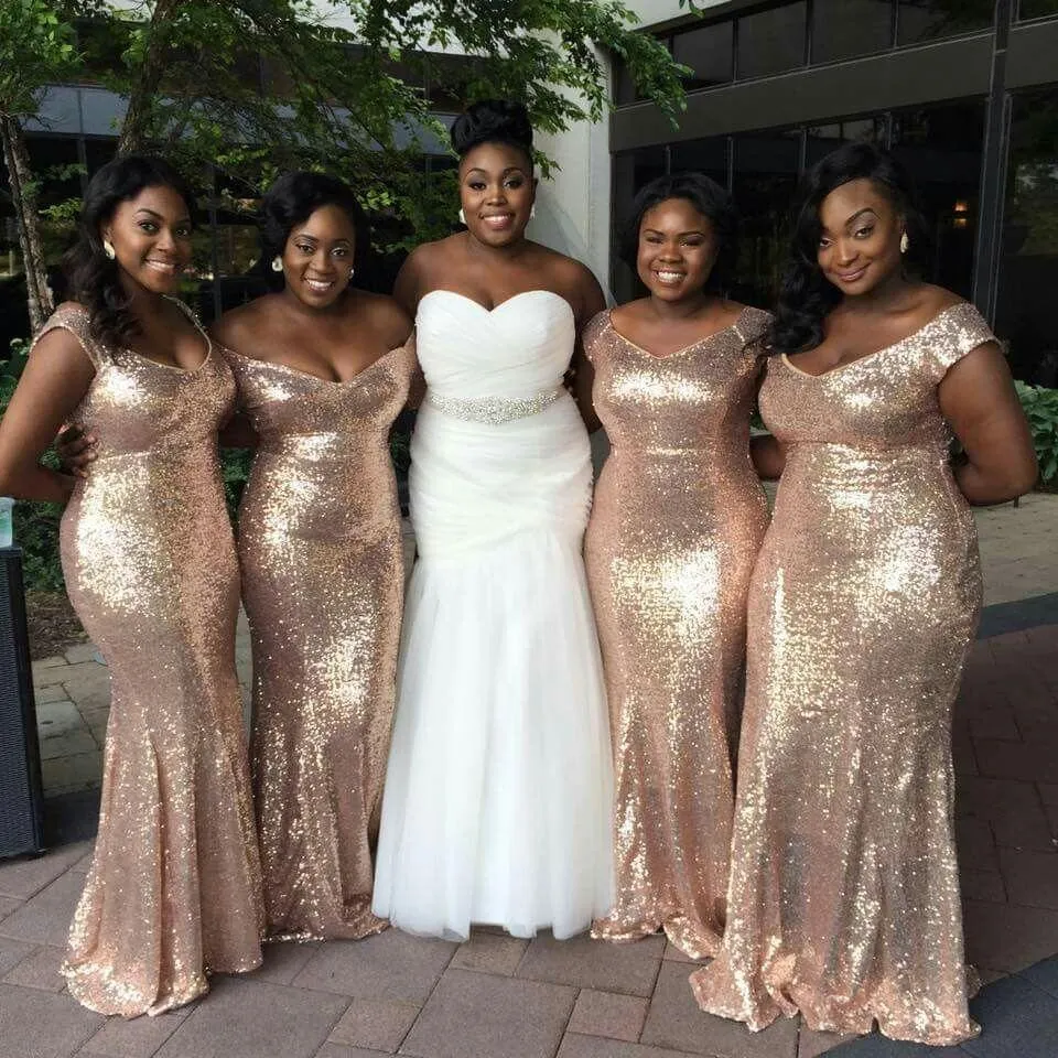 Sparkly Rose Gold Sequins Mermaid Bridesmaid Dresses Cheap 2018 Off Shoulder Glitter Floor Length Wedding Party Prom Gowns Plus Size African