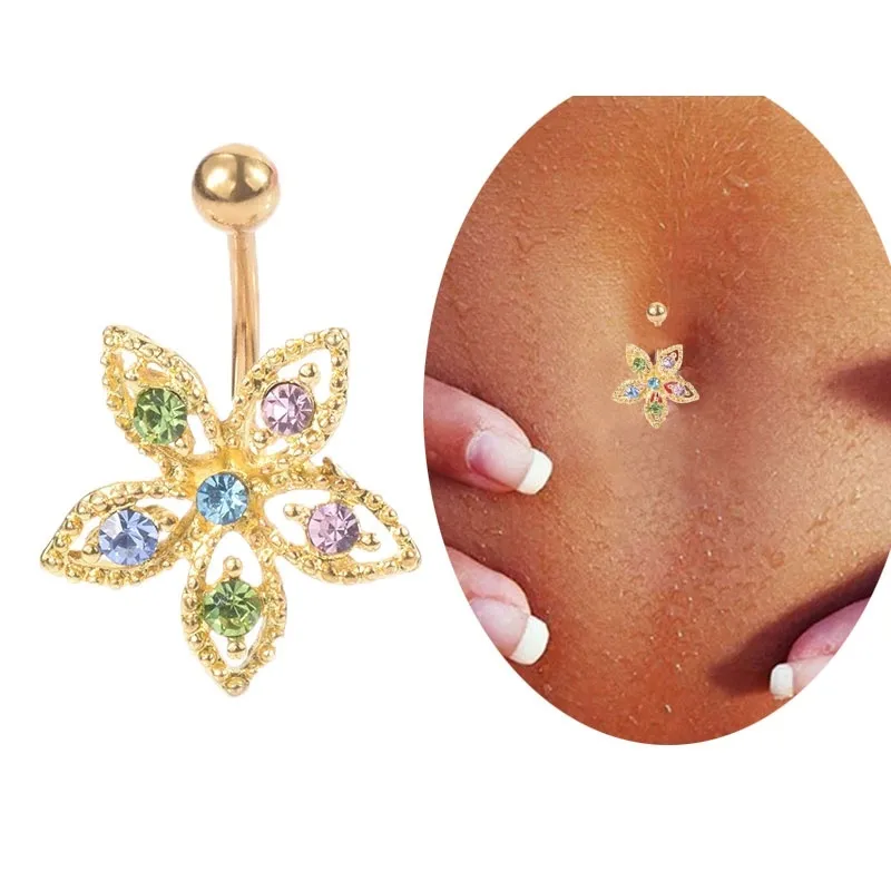 Kirurgisk stål guld blomma rhinestone dangle hängsmycke barbell navel ring söt liten mage knapp ringar enkel kropp piercing smycken för kvinnor