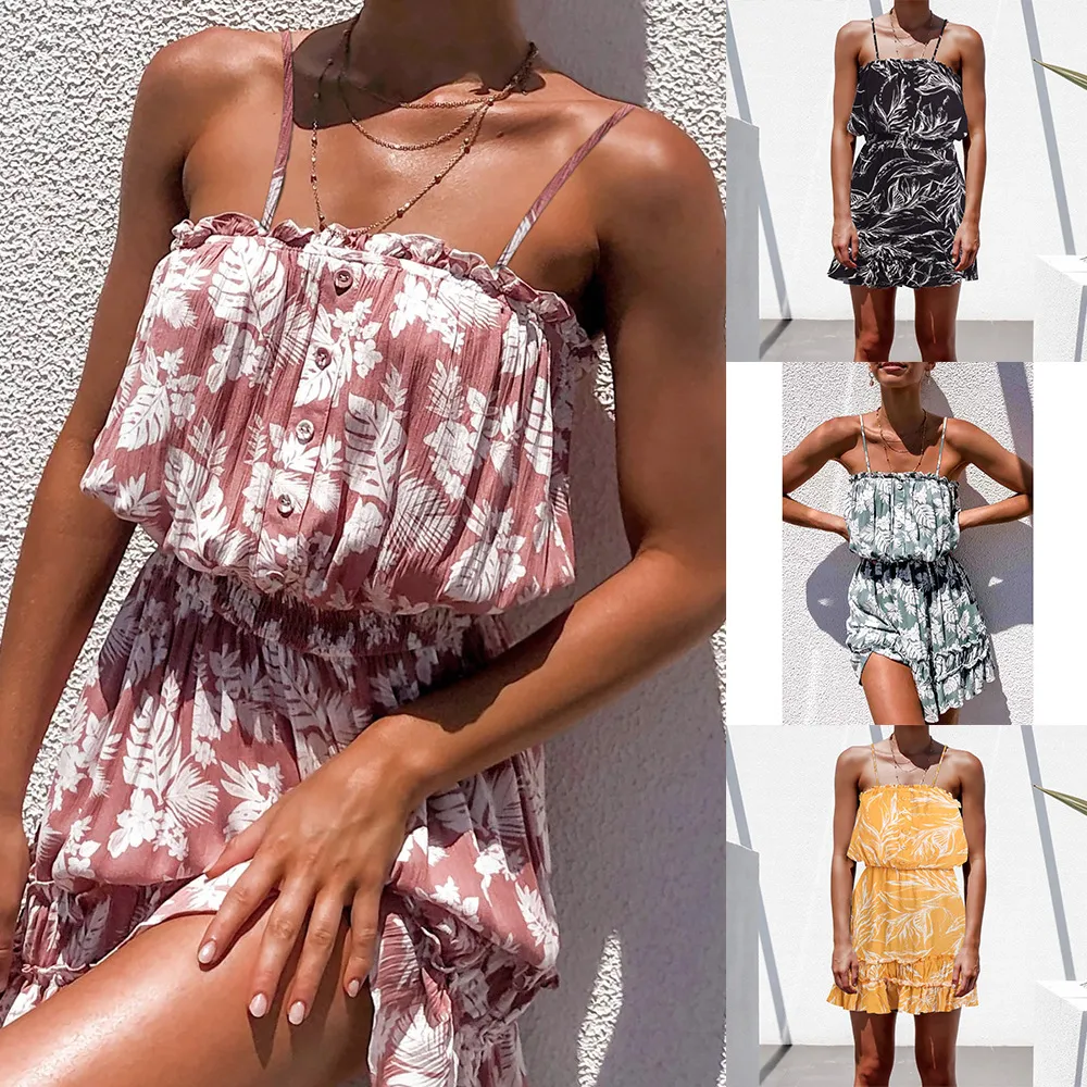 2021 New Dresses For Women Summer Fashion 4 Colors Flora Printed Elastic - collar Sexy Slip Dress Hot Selling