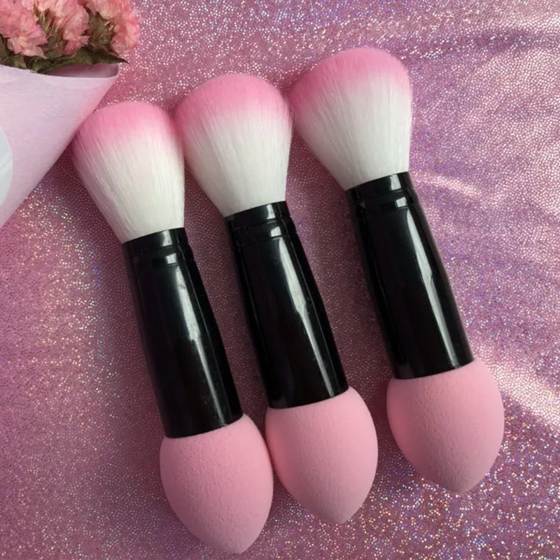 Professionell blusher borste nylon makeup borstar två huvud kosmetiska verktyg blush kosmetisk borste med svamp J1555