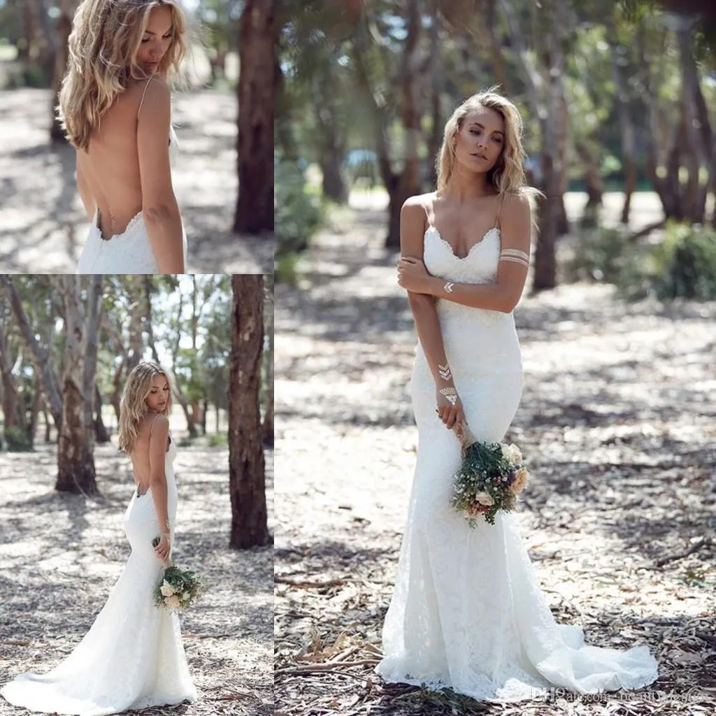 Katie May Sexy Sheath Mermaid Backless Boho Wedding Dresses Lace Spaghetti Garden Beach Bohemian Sheer Bridal Gowns