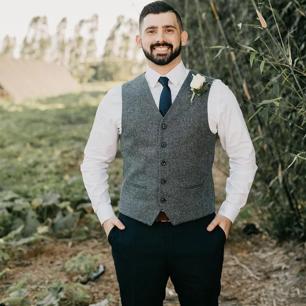 وودلاند رمادي العريس سترات الصوف متعرجة Tweed Groomsmen سترة رفيعة ملائمة لباس الملابس بدلة السترة حفل زفاف حفل زفاف