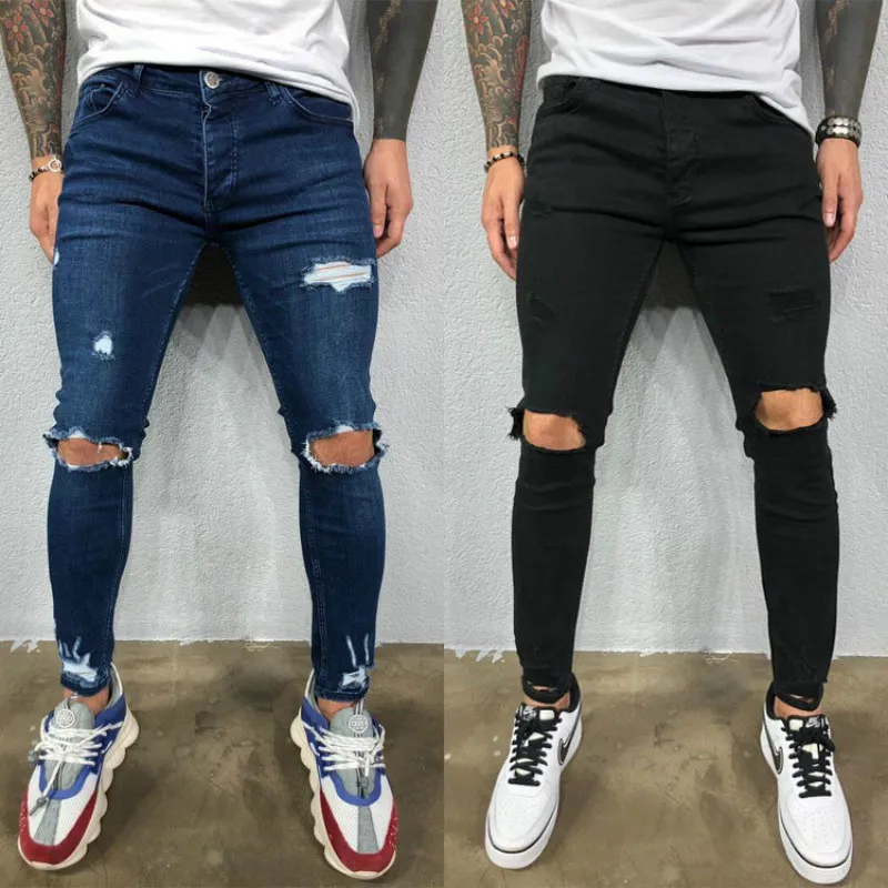 Mens Destroyed Skinny Jeans Cool Designer Stretch Ripped Denim Trousers for Men Casual Slim Fit Hip Hop Pencil Pants with Holes