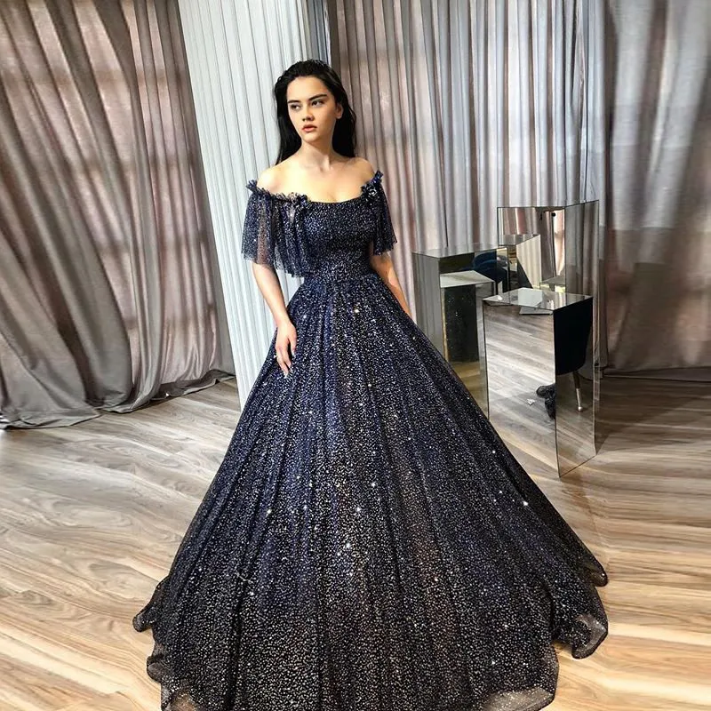 Spark Shining Black Sequins Prom Dresses Off the Shoulder Ruffle Formal Evening Gown Zipper Back Floor Length Special Occasion Dresses