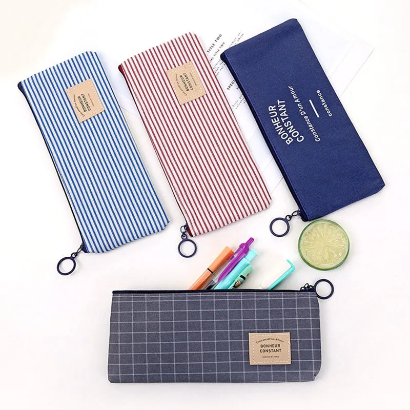 New Canvas Zipper Pencil Case Simple Striped Grid Pen Bag School Pencil Makeup Pouch Cosmetics Storage Bags Office Stationery