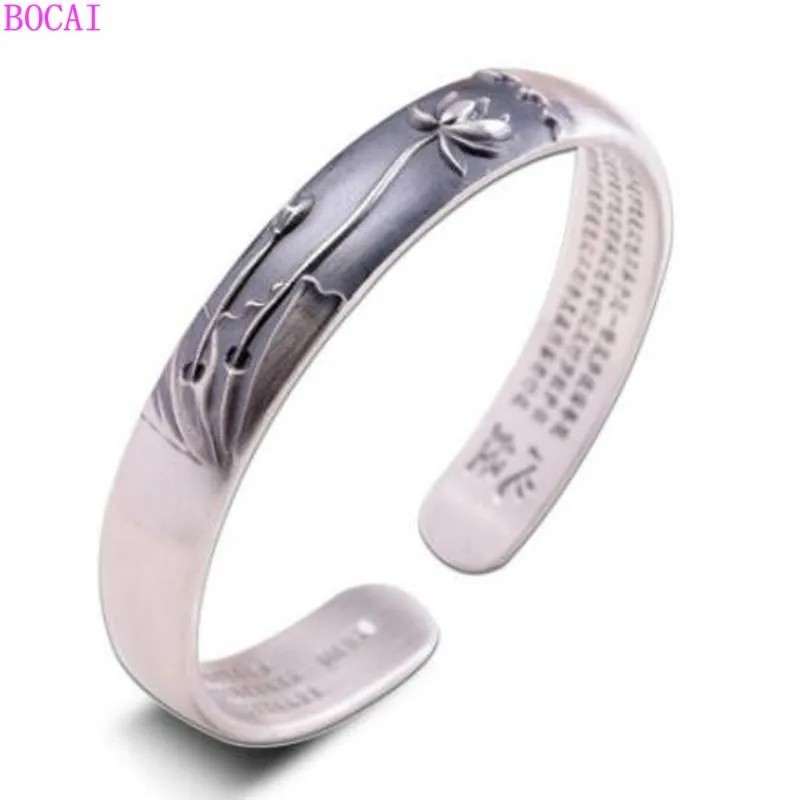 Bangle Thai Silver Craft Women's Fracelet Buddhist Hand Ornament Pure 999 Jewelry Lotus Heart Sutra Bracelet