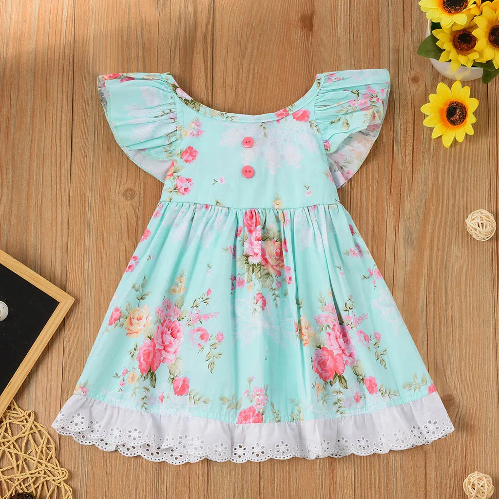 Kleinkind Baby Mädchen Kleid Spitze Flattern Ärmel 2019 neugeborene Kleider für Baby Mädchen Kleidung Prinzessin Blumendruck Tutu Kleid Kostüm