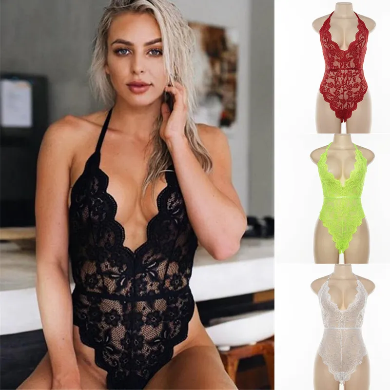 Hot Sexy Bra Set Women Backless Halter Lace Transparent Sexy Lingerie Sets  Lace Deep V Erotic Sheer Lingerie One Piece Bodysuit