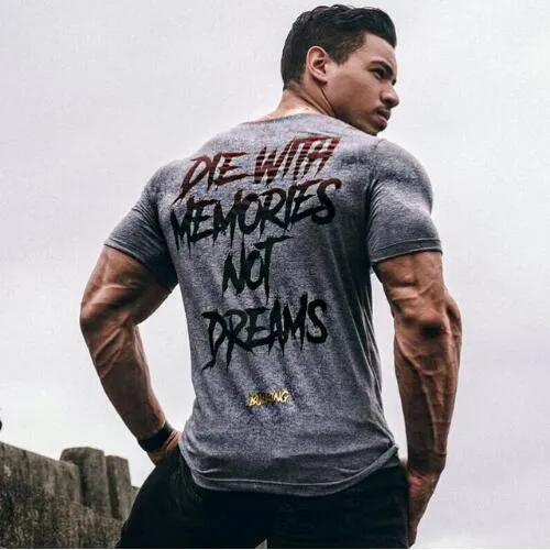 New Design Summer Letter Print Fitness Crossfit Elastic T-shirt Men Gyms Casual Tight Short Sleeve T Shirts Bodybuilding Tees Tops