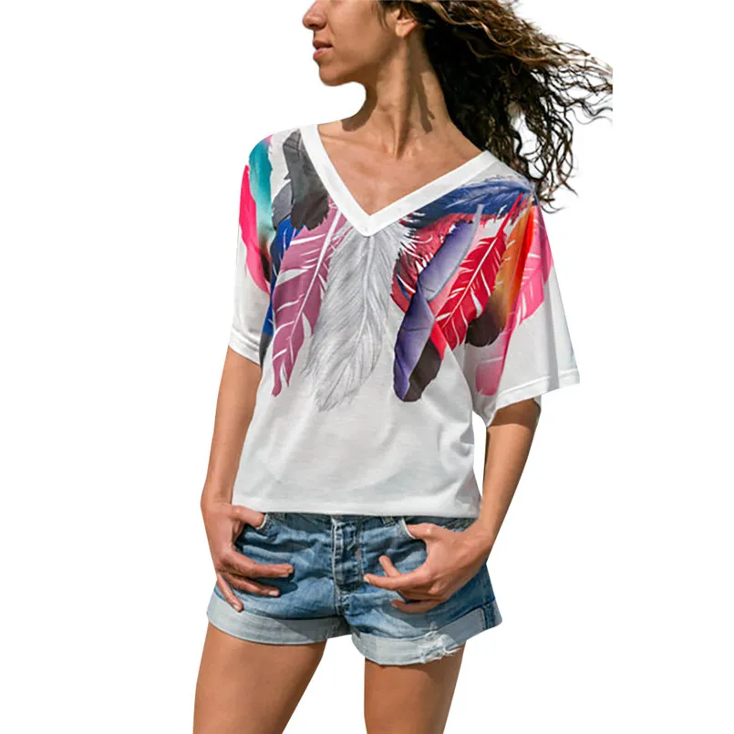 Женская футболка V-шеи ежедневно TEE Женщины перо напечатаны с коротким рукавом Top Daliy Мягкая повседневная одежда для девочек 40Ам05