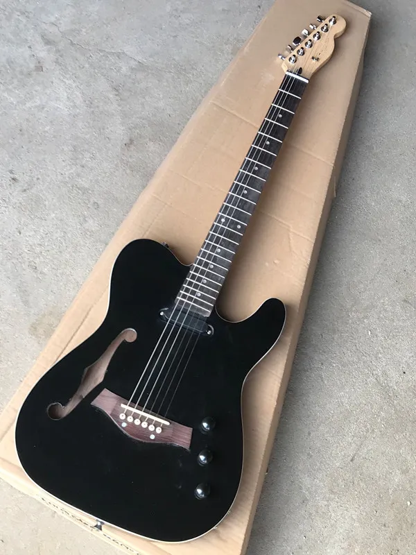 Nuovo arrivo! Chitarra elettrica corpo nero con pickup per chitarra acustica, corpo semi-cavo, fingeiboard in palissandro, offerta personalizzata.