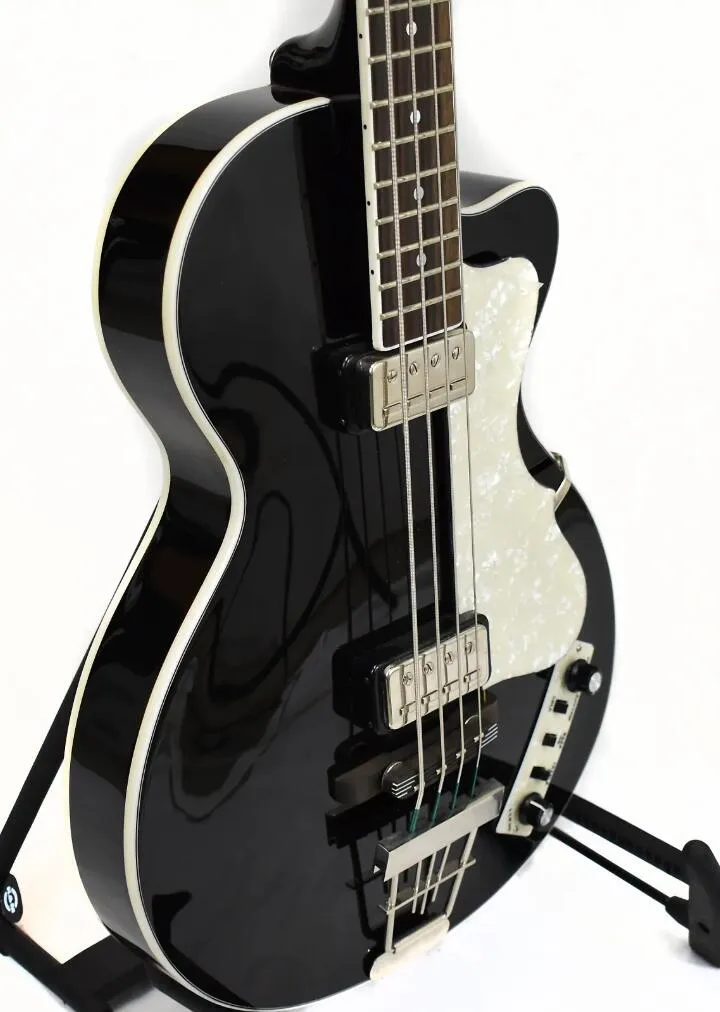 4 سلسلة 1960's Hofner Violin Club Black Electric Bass Guitar 30 "طول مقياس قصير، Pickguard أبيض اللؤلؤ