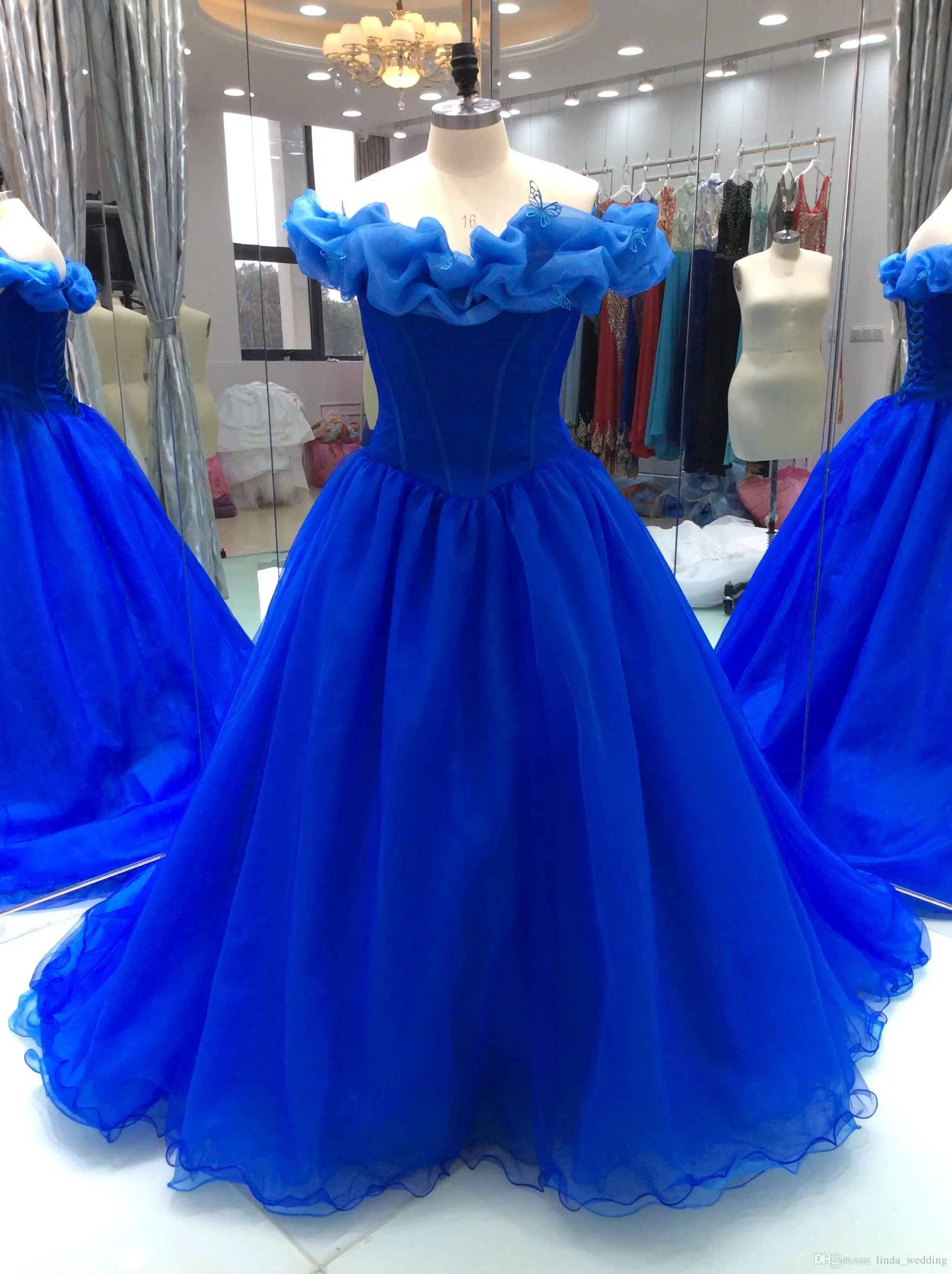 2019 vraies photos de la robe de balle bleue robe de mariée hors de l'épaule dentelle dos dos à volants tulle robe de mariée plus taille personnalisée faite sur mesure